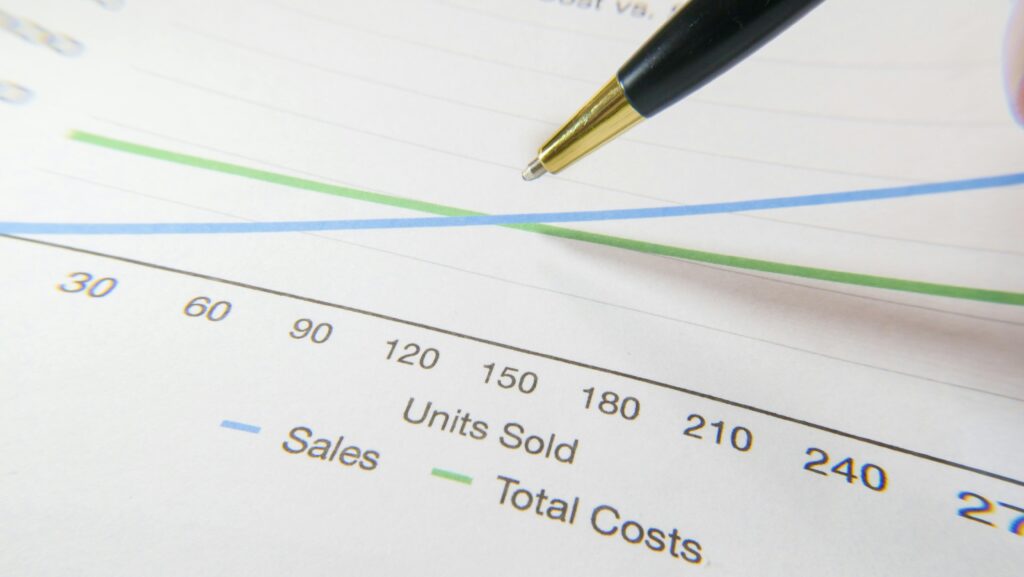 Close-up shot of a small business's sales and total costs chart review