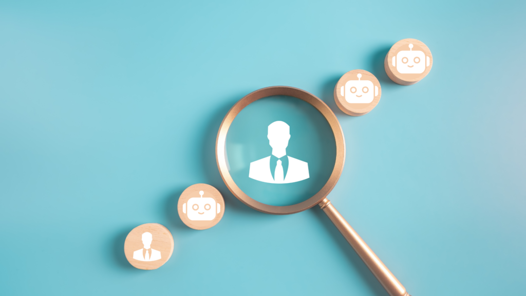 Dead internet theory in hiring: a magnifying glass highlights a human candidate among a sea of AI-generated applicants