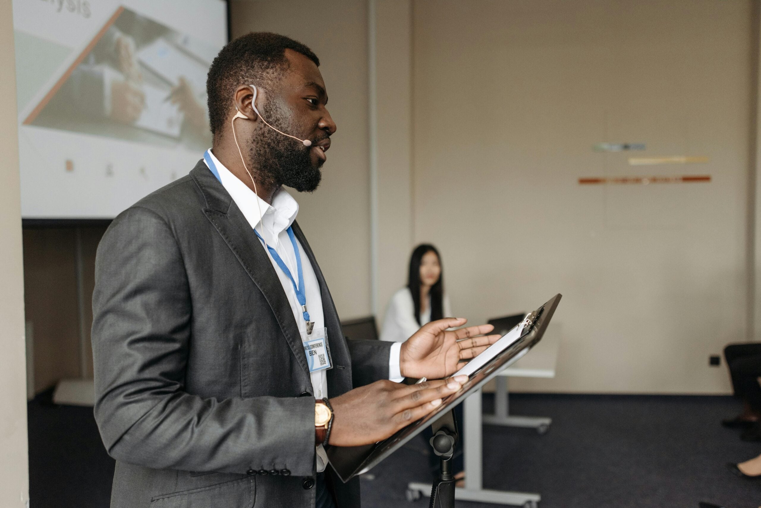 Entrepreneur delivering a networking pitch at an event